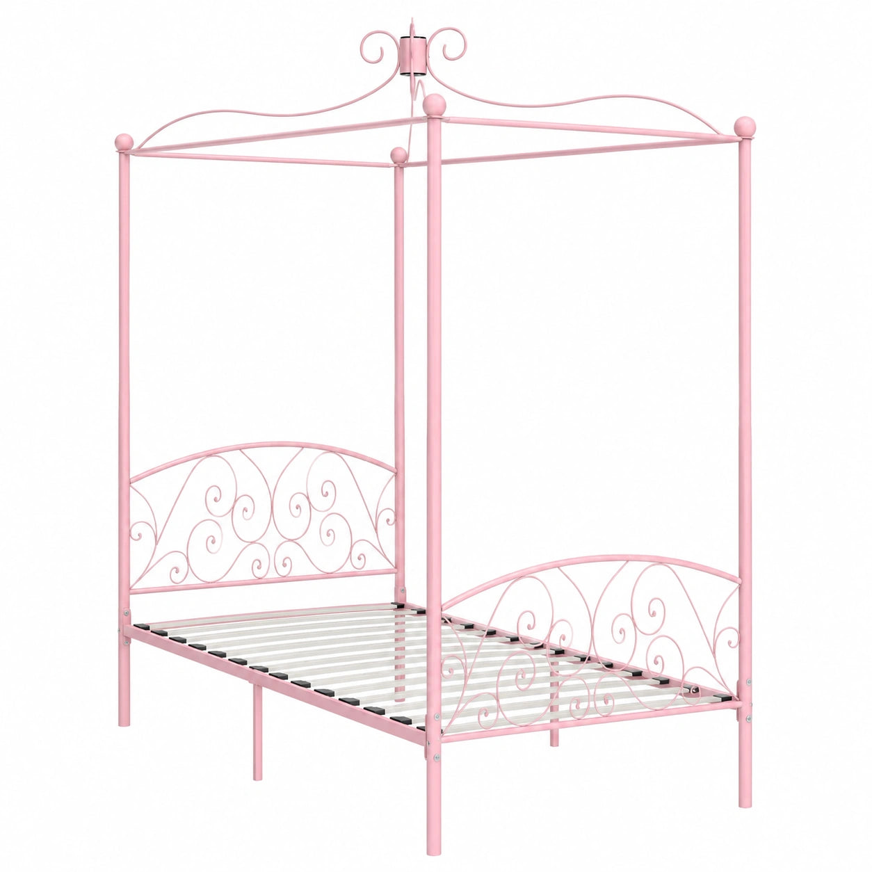 Cama Doble con Dosel de Metal Rosa y Cabecero Tapizado 100x200 cm