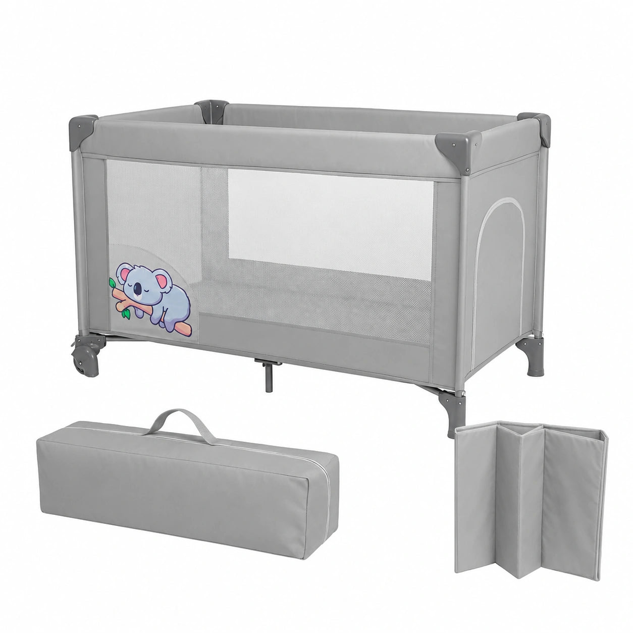 Cuna de Viaje Mobiclinic 2 en 1 con Bolsa de Transporte, Colchón Extraíble, Tela Transpirable y Ruedas, Plegado Compacto, Hasta 15 kg, Entrada Lateral con Cremallera, Gris