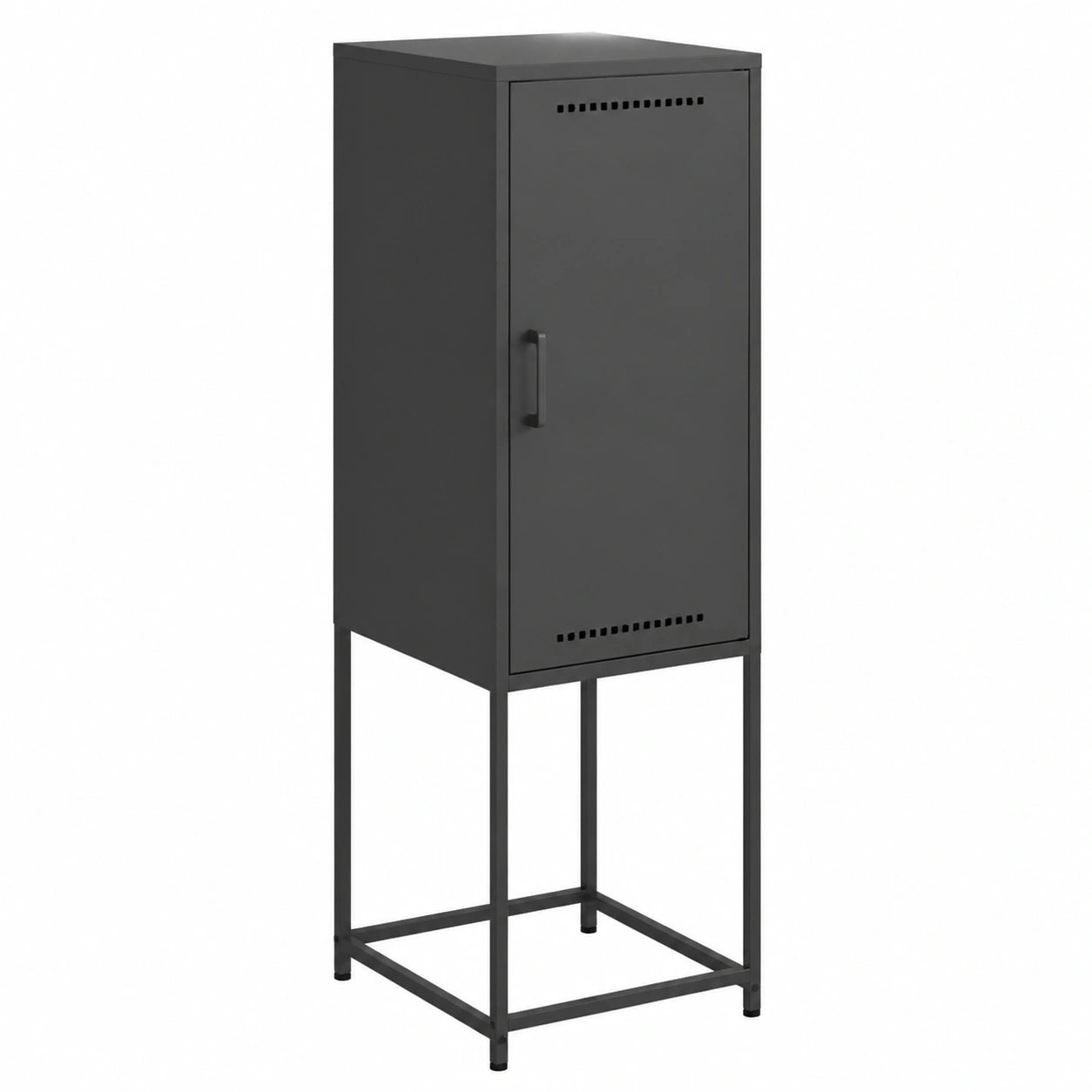 Armario alto industrial de acero negro con compartimentos, práctico para salón y cocina