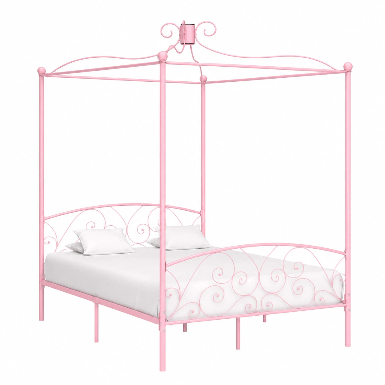 Cama con dosel de metal rosa 140x200 cm, estructura elegante y moderna para dormitorio, plataforma estable sin colchón