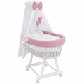 Cuna Moisés de Mimbre con Dosel y Ropa de Cama Rosa, Blanca, Portátil y Segura
