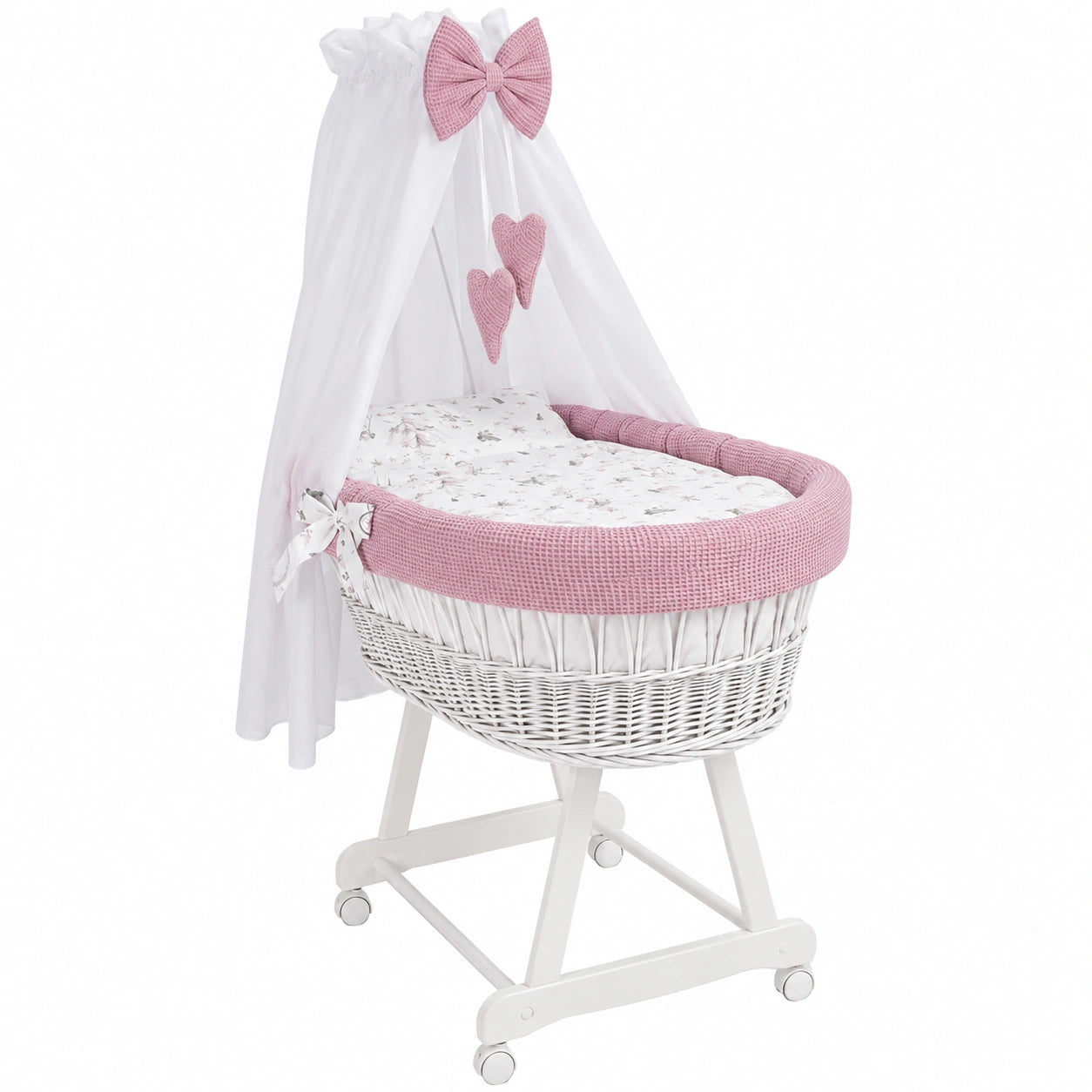 Cuna Moisés de Mimbre con Dosel y Ropa de Cama Rosa, Blanca, Portátil y Segura