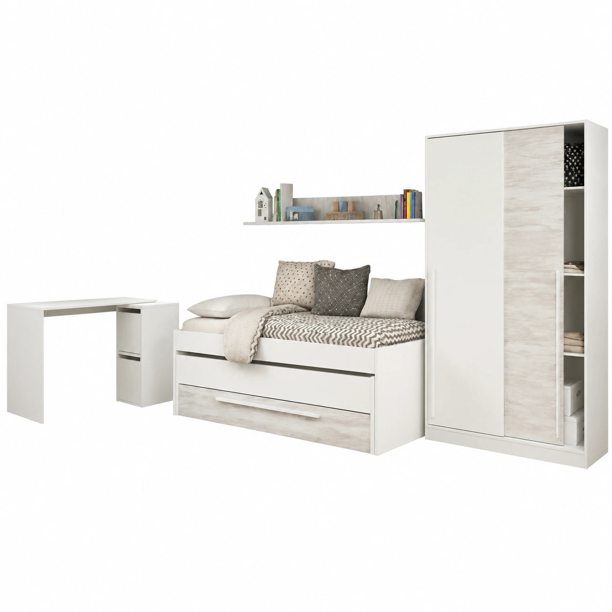 Conjunto Juvenil Completo: Cama, Armario y Escritorio en Blanco y Roble Claro con Somieres